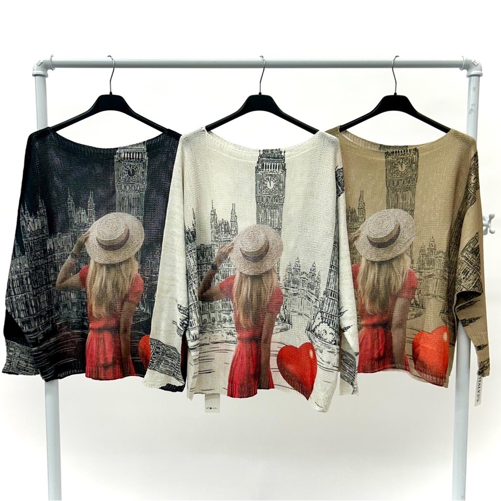 Scenic Print Sweater with Red Dress Design